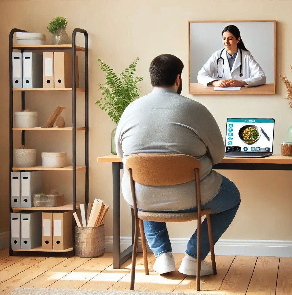 Full-body view from behind of an overweight patient seated at a desk, engaged in a virtual consultation with a nutritionist on their laptop screen in a cozy, well-lit workspace, symbolizing telemedicine-based personalized wellness support.