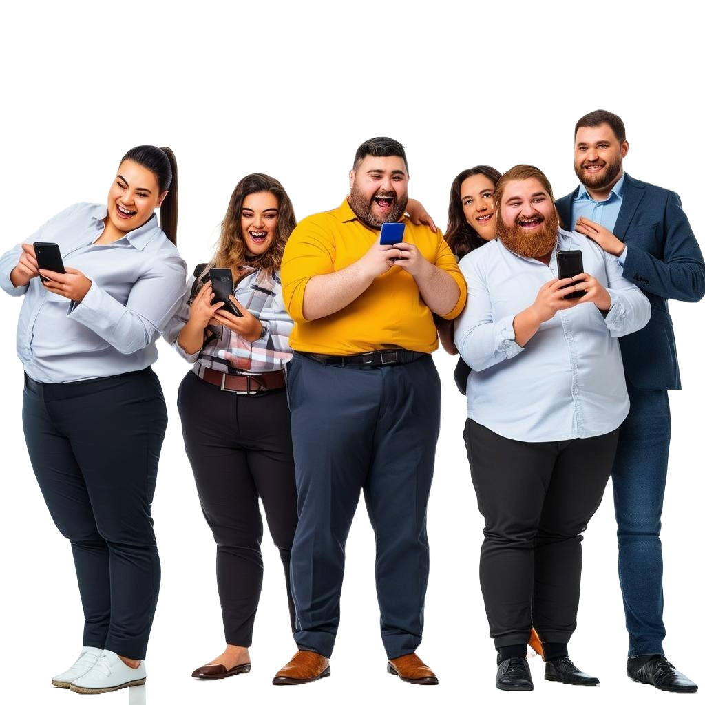 happy group of fat employees with a smartphone full bodies white background with padding