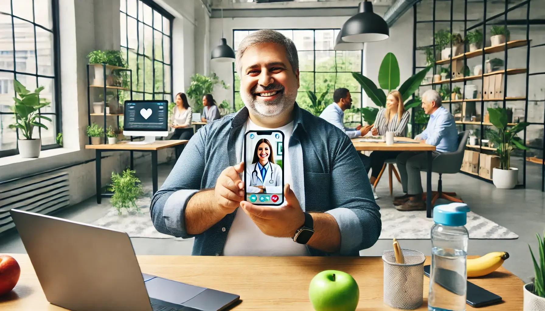 DALL·E 2024-10-31 08.21.38 - A bright, modern office setting with natural light, showcasing a smiling middle-aged, overweight man holding up his phone in a telemedicine consultati