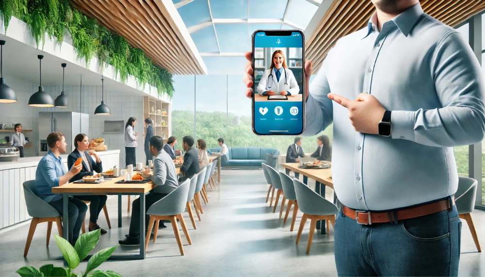 employee with telehealth phone in cafateria