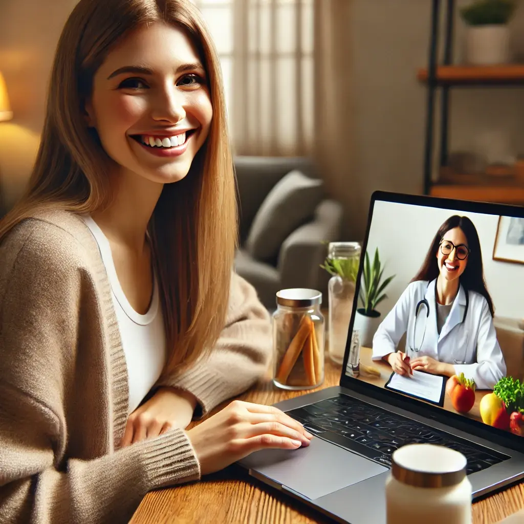 employee woman smiling on a tele medicine call with a registered dietician